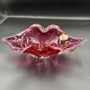 VTG MCM Pink Cranberry Art Glass Dish Bowl Decor Bohemia Chechoslovakia Handmade